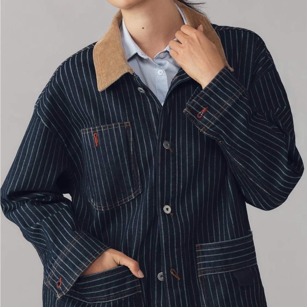 Pilcro Black Pinstripe Jean Jacket with Tan Corduroy Collar - Picture 2 of 7